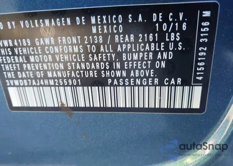 2017 Volkswagen Jetta 1.4T Se z USA, uszkodzony, nr VIN 3VWDB7AJ4HM255901